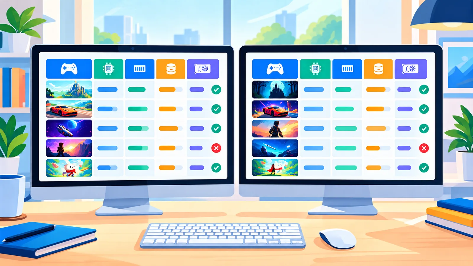 Dois monitores de Mac exibindo planilha comparativa de jogos