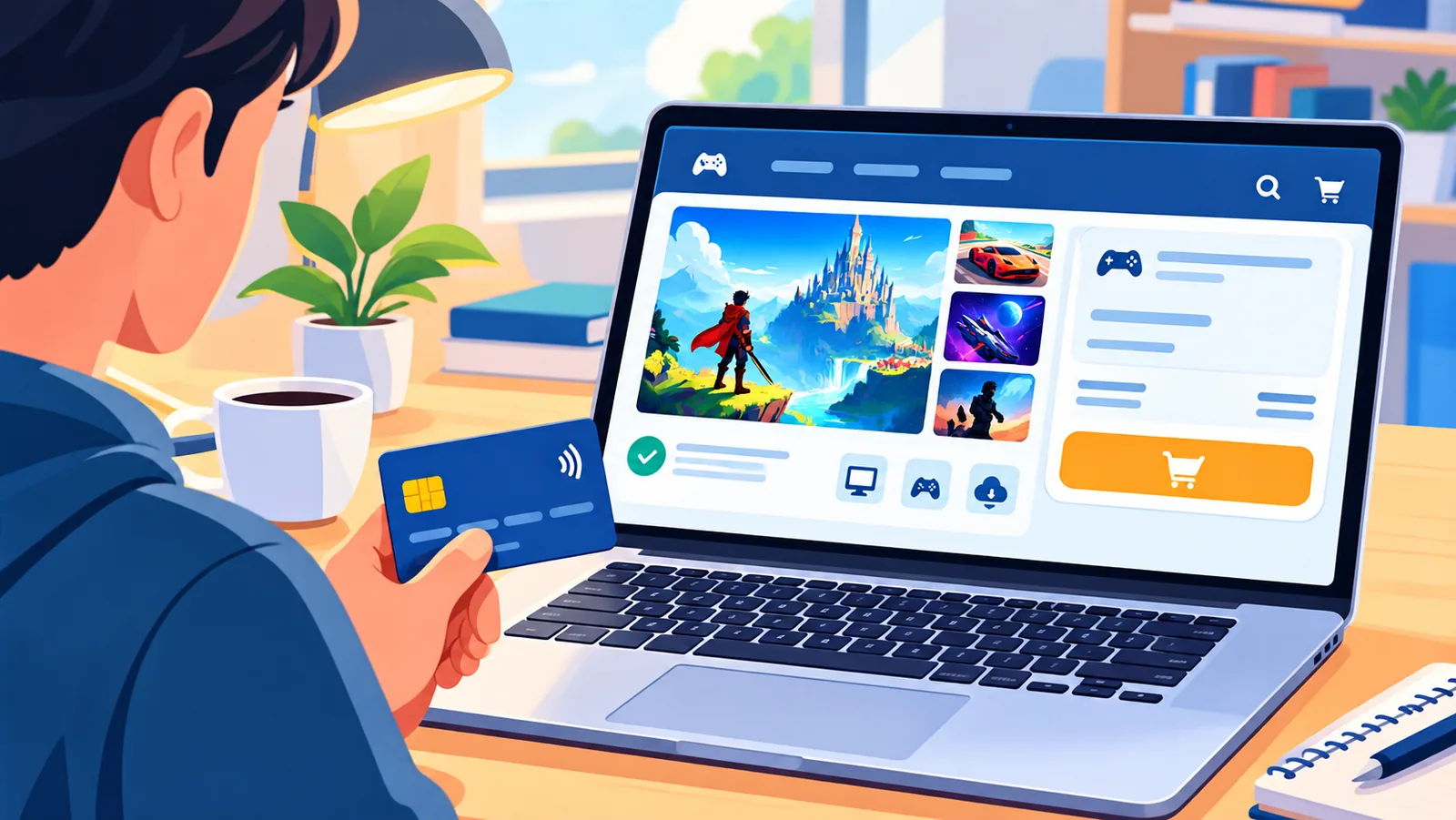 Pessoa segurando cartão de crédito perto de laptop com página de compra