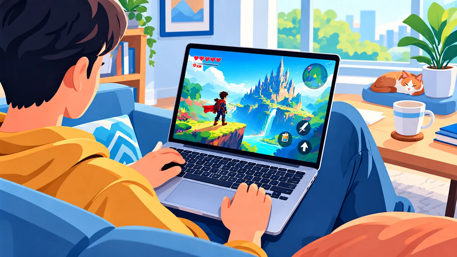 Jovem jogando jogo indie colorido em MacBook Air no sofá