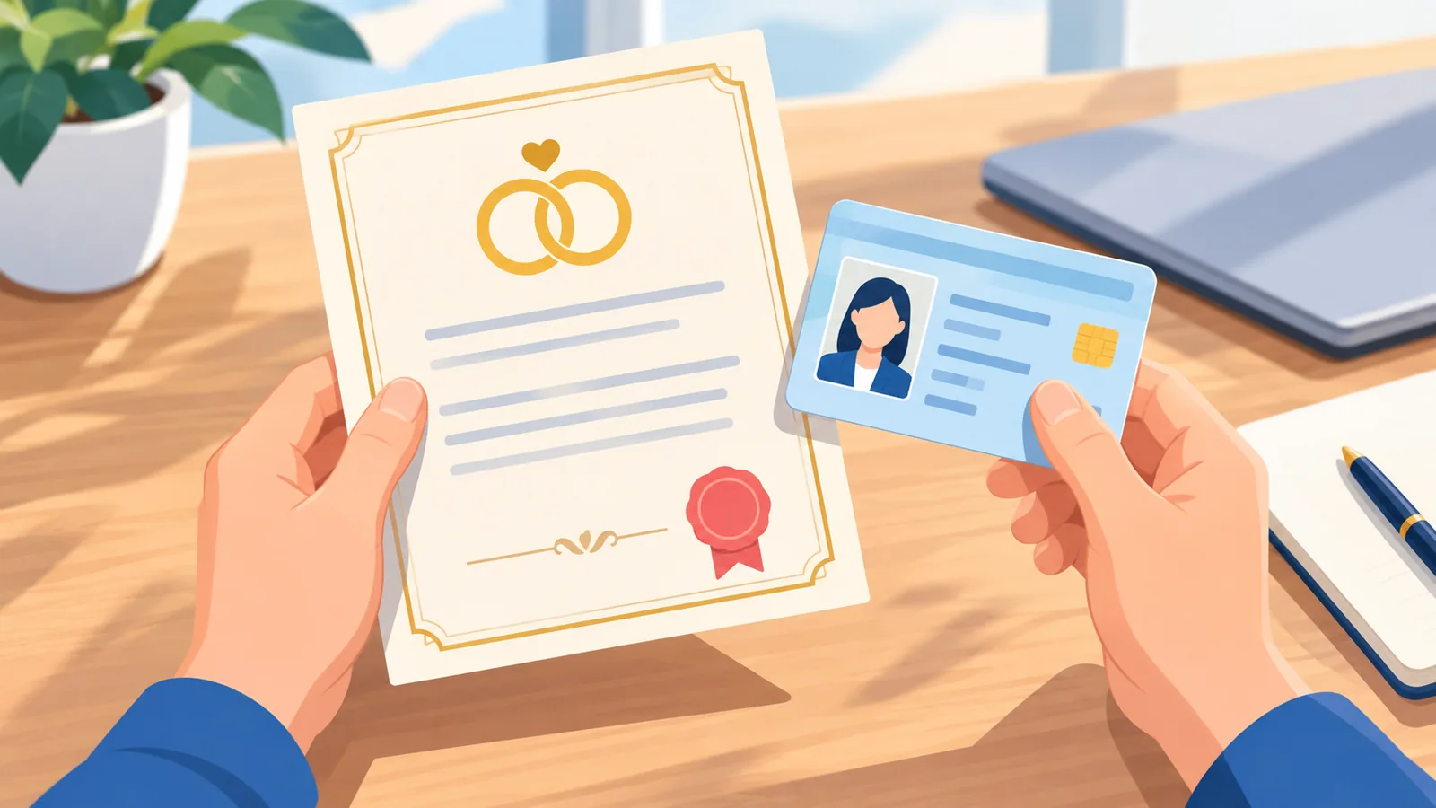 Pessoa segurando certidão de casamento e documento de identidade lado a lado
