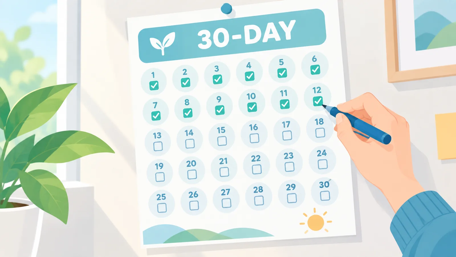 Checklist impresso de 30 dias sendo marcado na parede