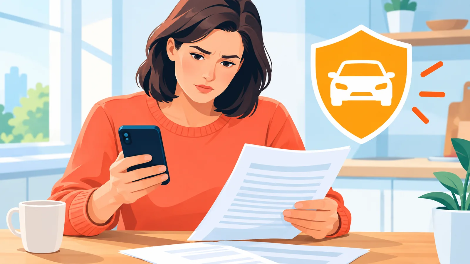 Pessoa segurando documentos de seguro e celular após um sinistro