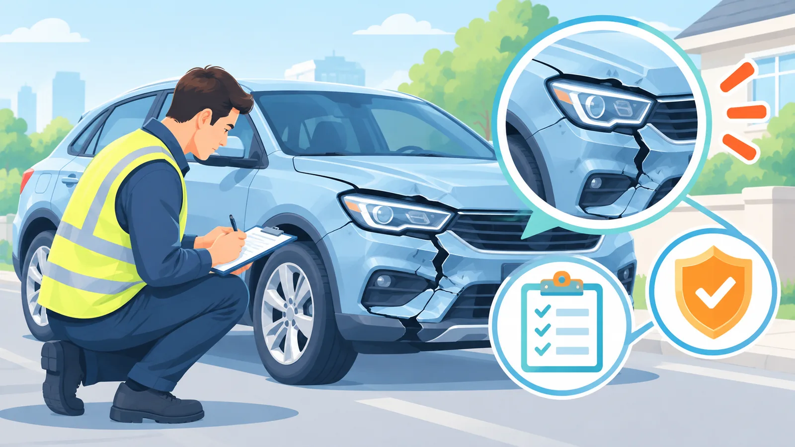 Perito de seguros vistoriando um veículo danificado