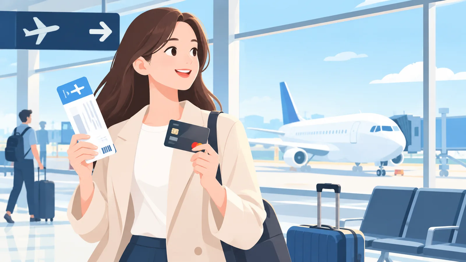 Viajante segurando passagem e cartão premium no aeroporto