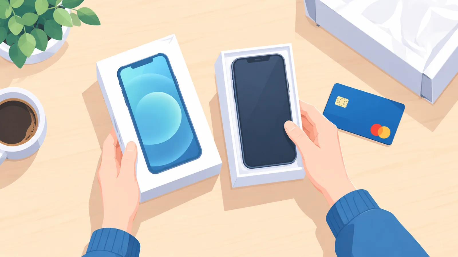 Pessoa desembalando produto novo ao lado do cartão