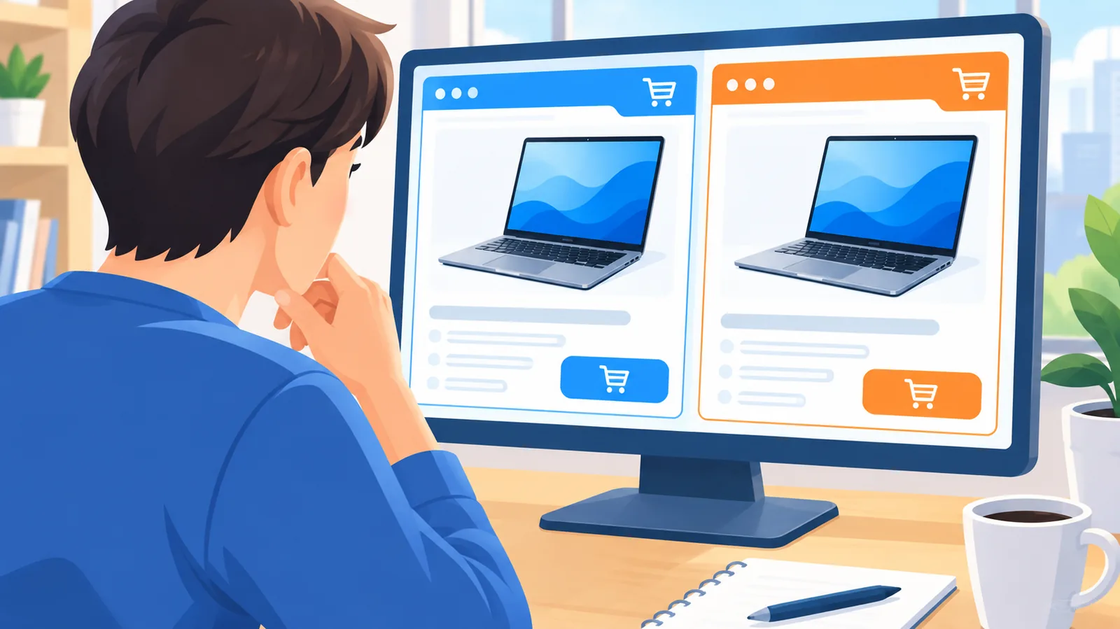 Pessoa comparando o mesmo notebook em dois sites de lojas no monitor
