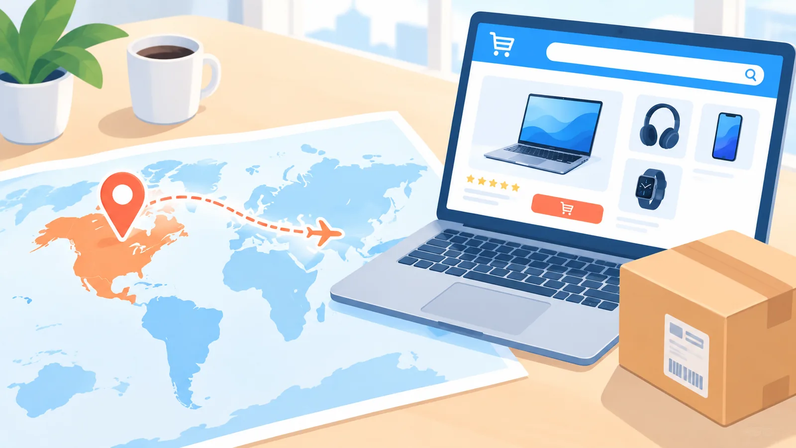 Mapa-múndi ao lado de um notebook com loja online de eletrônicos e um pacote