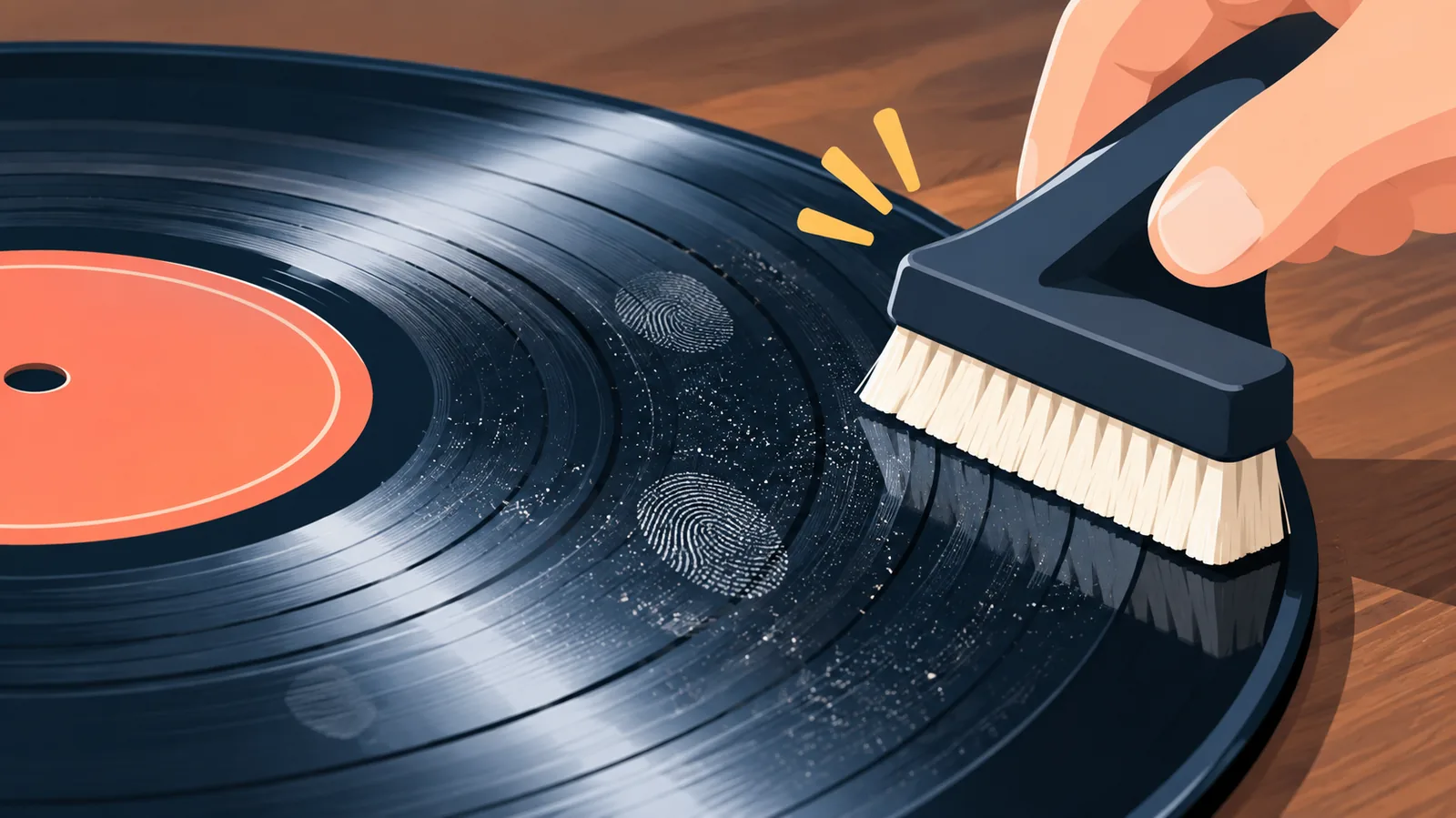 Superfície de um disco de vinil com poeira e marcas de dedos nos sulcos