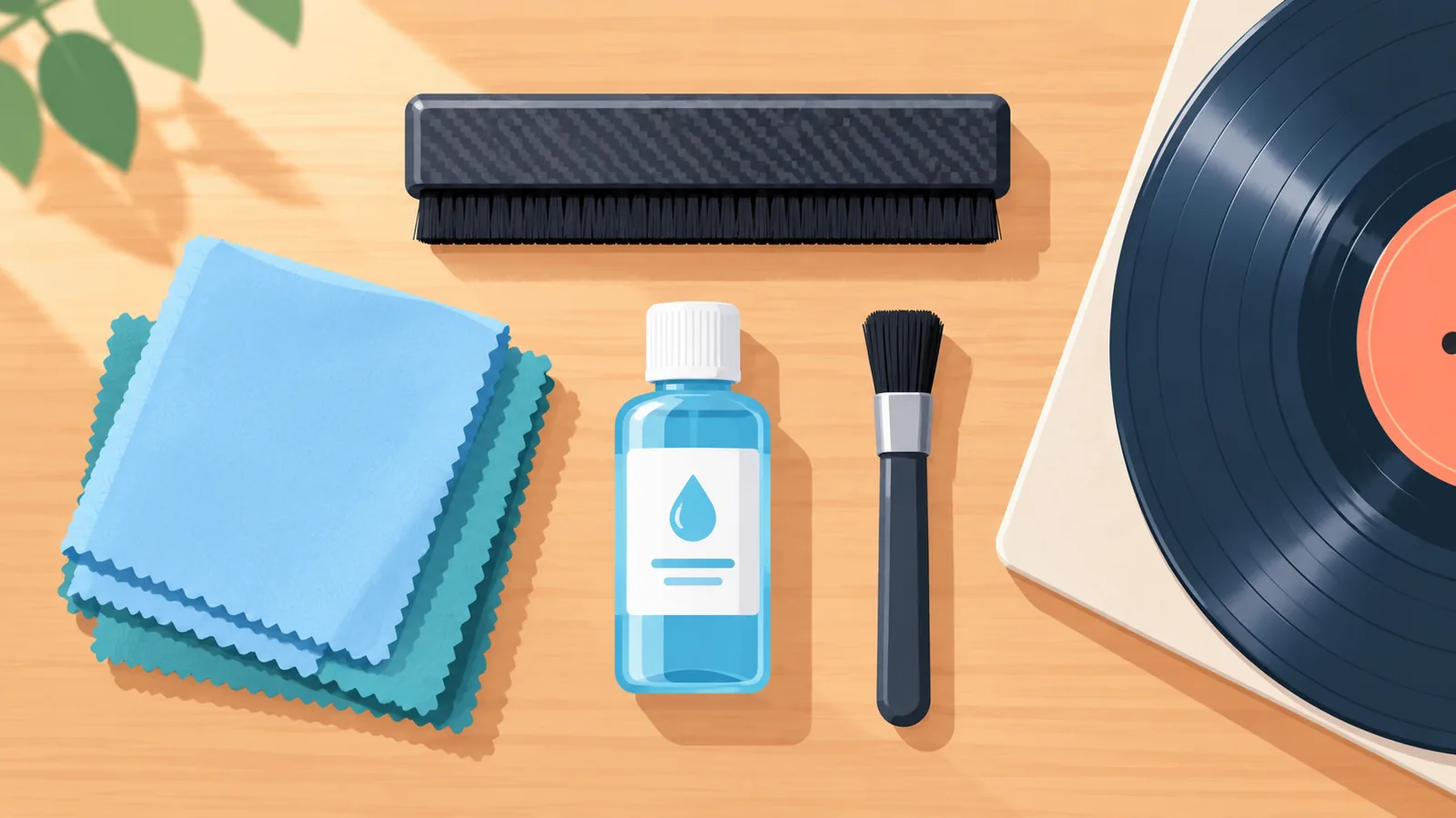Materiais básicos para limpar discos de vinil organizados sobre uma mesa
