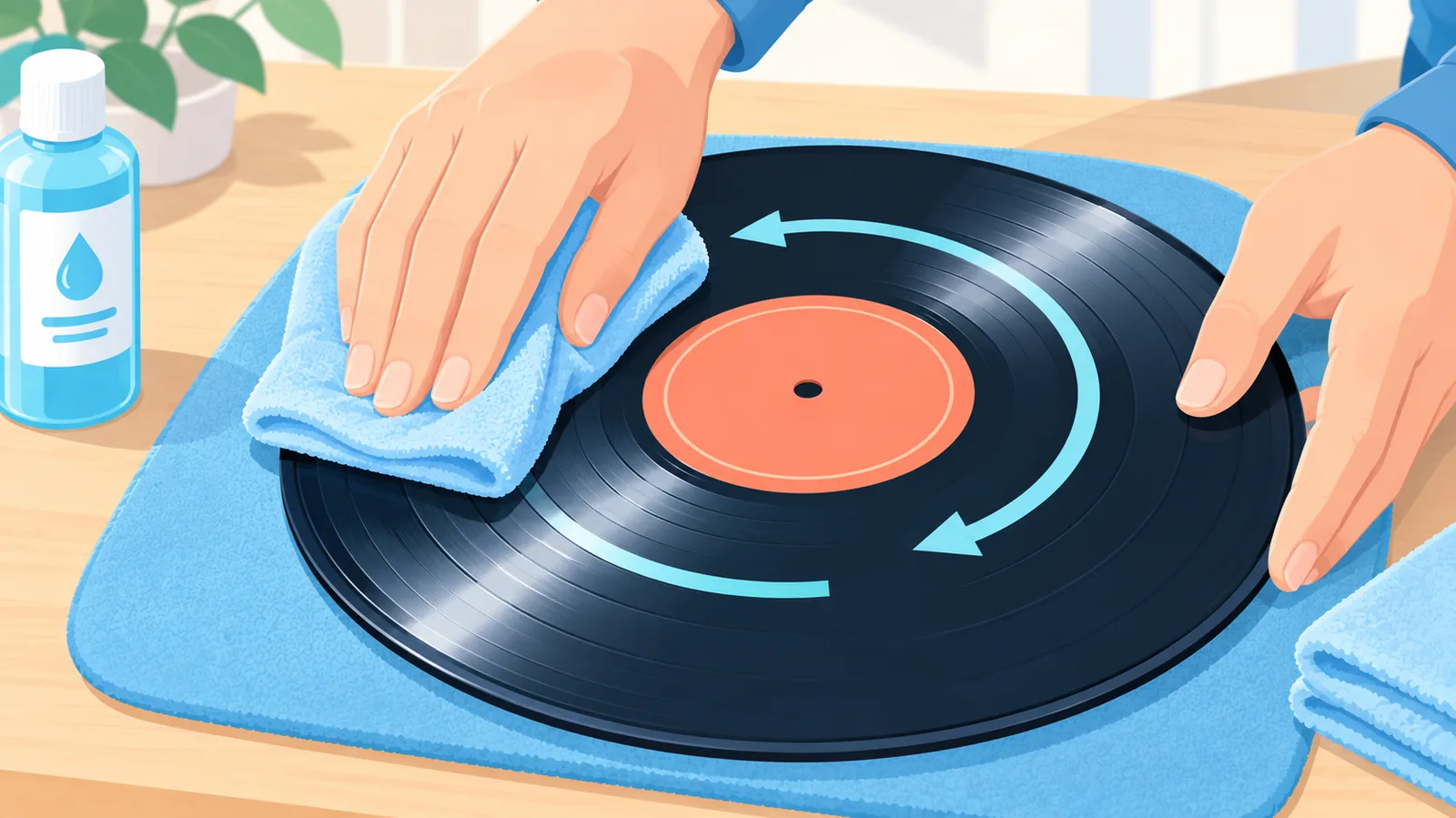 Pessoa limpando um disco de vinil com pano de microfibra em movimentos circulares