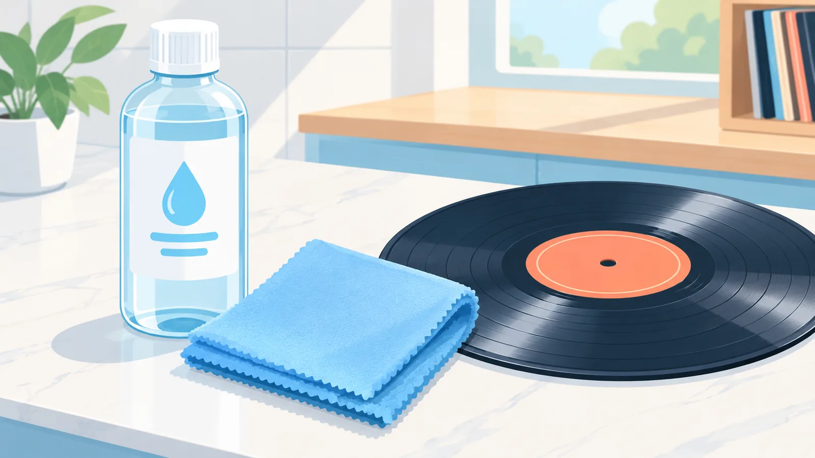 Água destilada e pano de microfibra ao lado de um disco de vinil