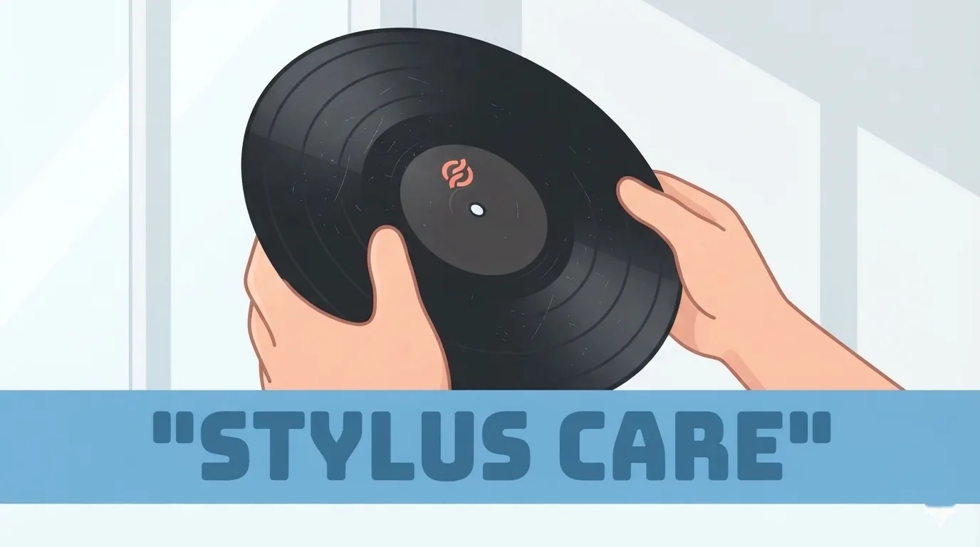 Mãos segurando um disco de vinil pelas bordas para inspecionar a superfície