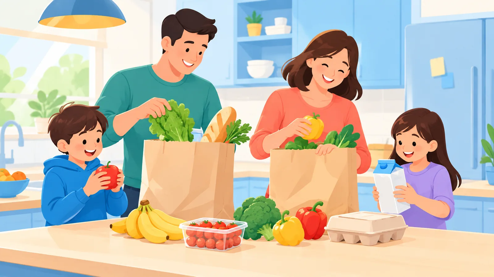 Família desembalando compras de supermercado na cozinha