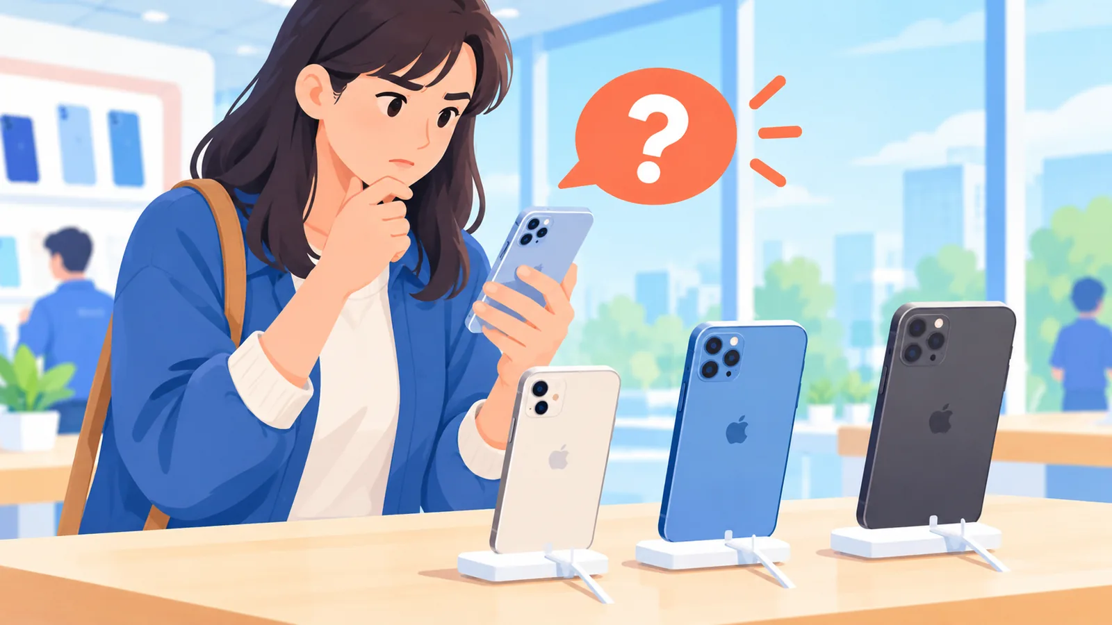 Pessoa comparando três modelos de iPhone lado a lado em uma mesa de loja
