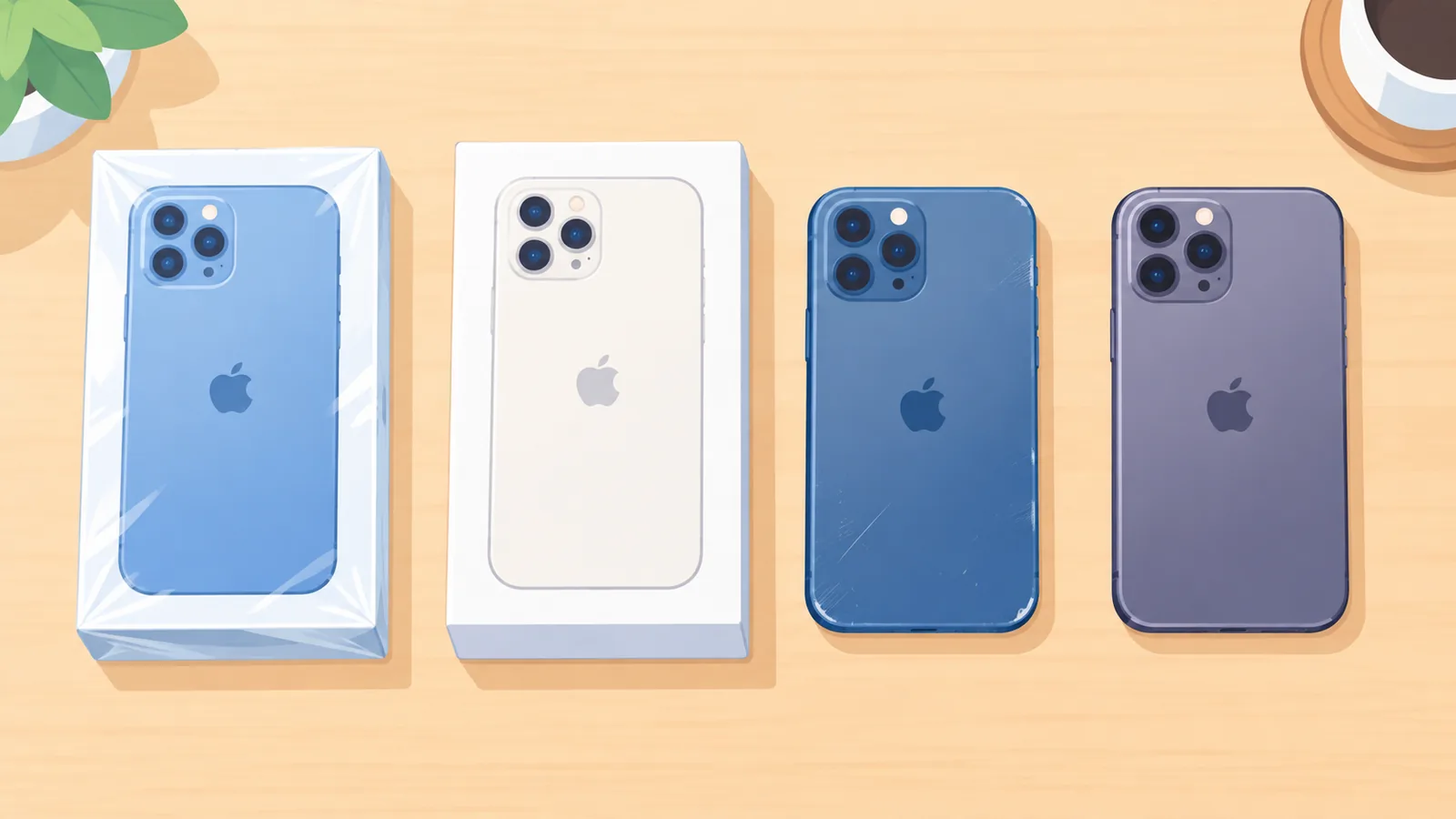 Quatro iPhones em estados diferentes alinhados sobre uma mesa