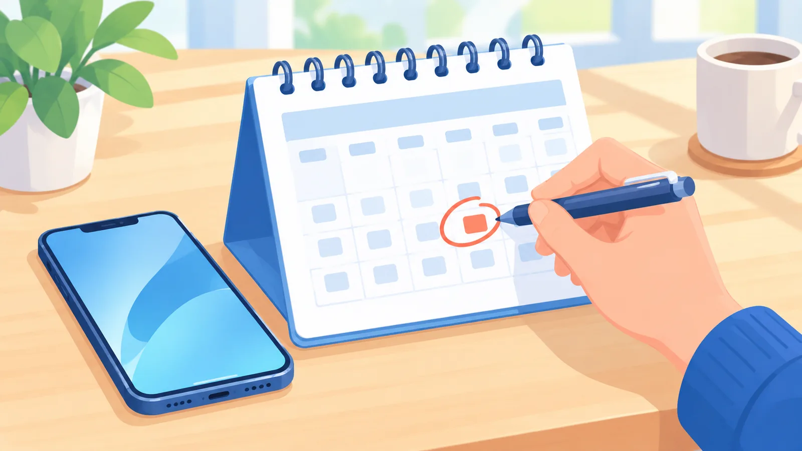 Calendário sobre a mesa com um celular ao lado e uma data sendo marcada