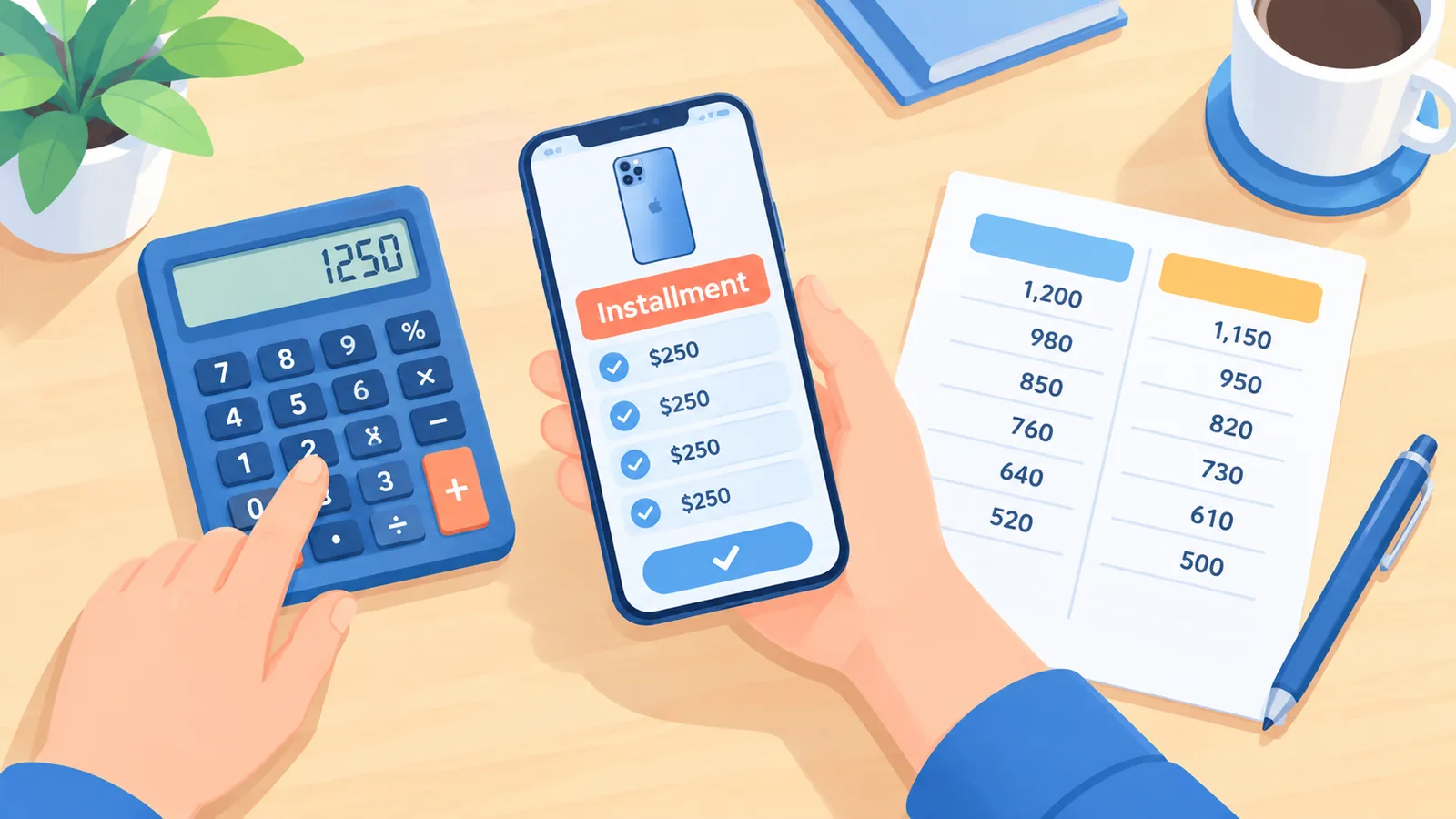 Mãos usando uma calculadora ao lado de um celular que mostra opções de parcelamento