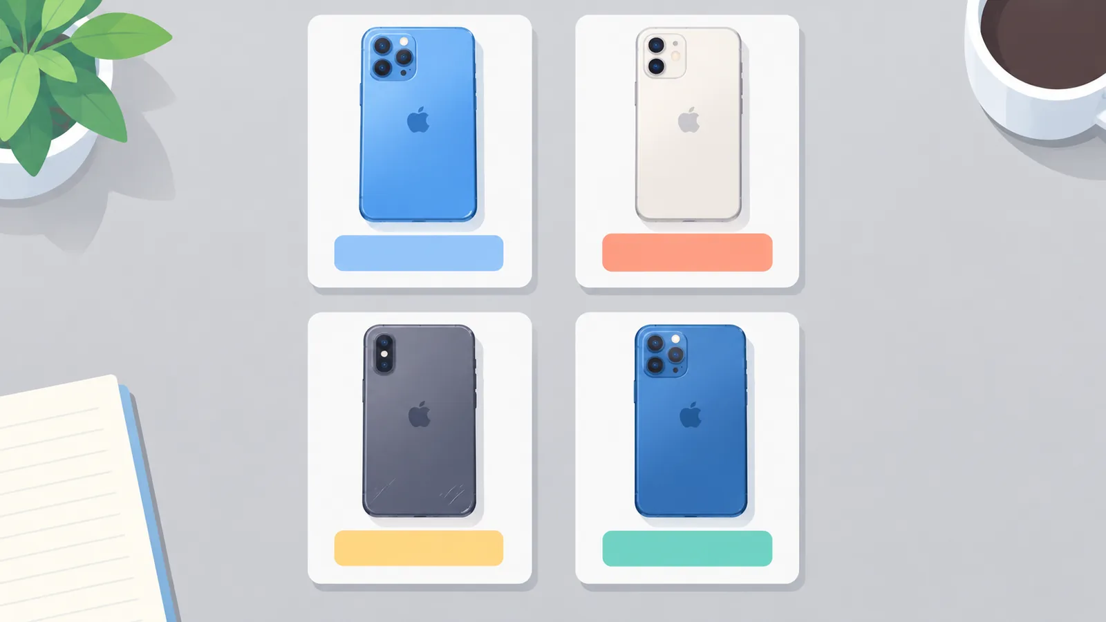Quatro celulares dispostos em grade sobre superfície cinza para comparação