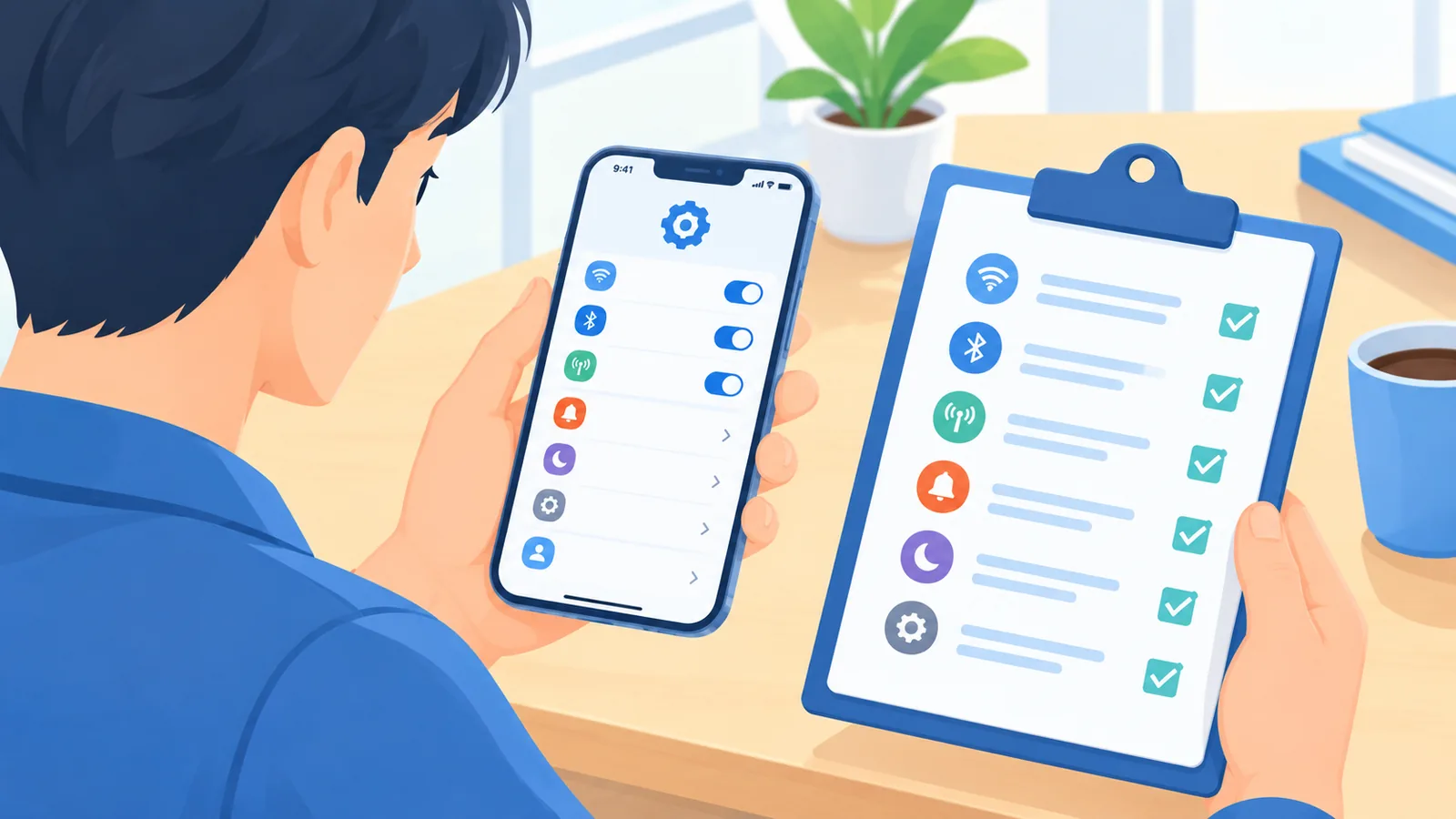 Pessoa conferindo os dados de um iPhone com uma lista de verificação na mão