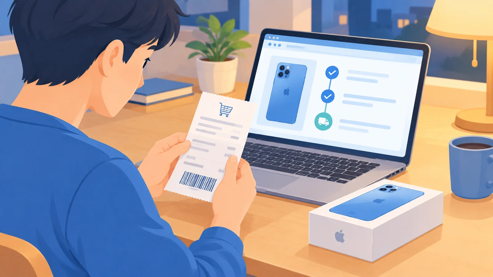 Pessoa lendo a nota fiscal de uma compra online ao lado da caixa de um celular