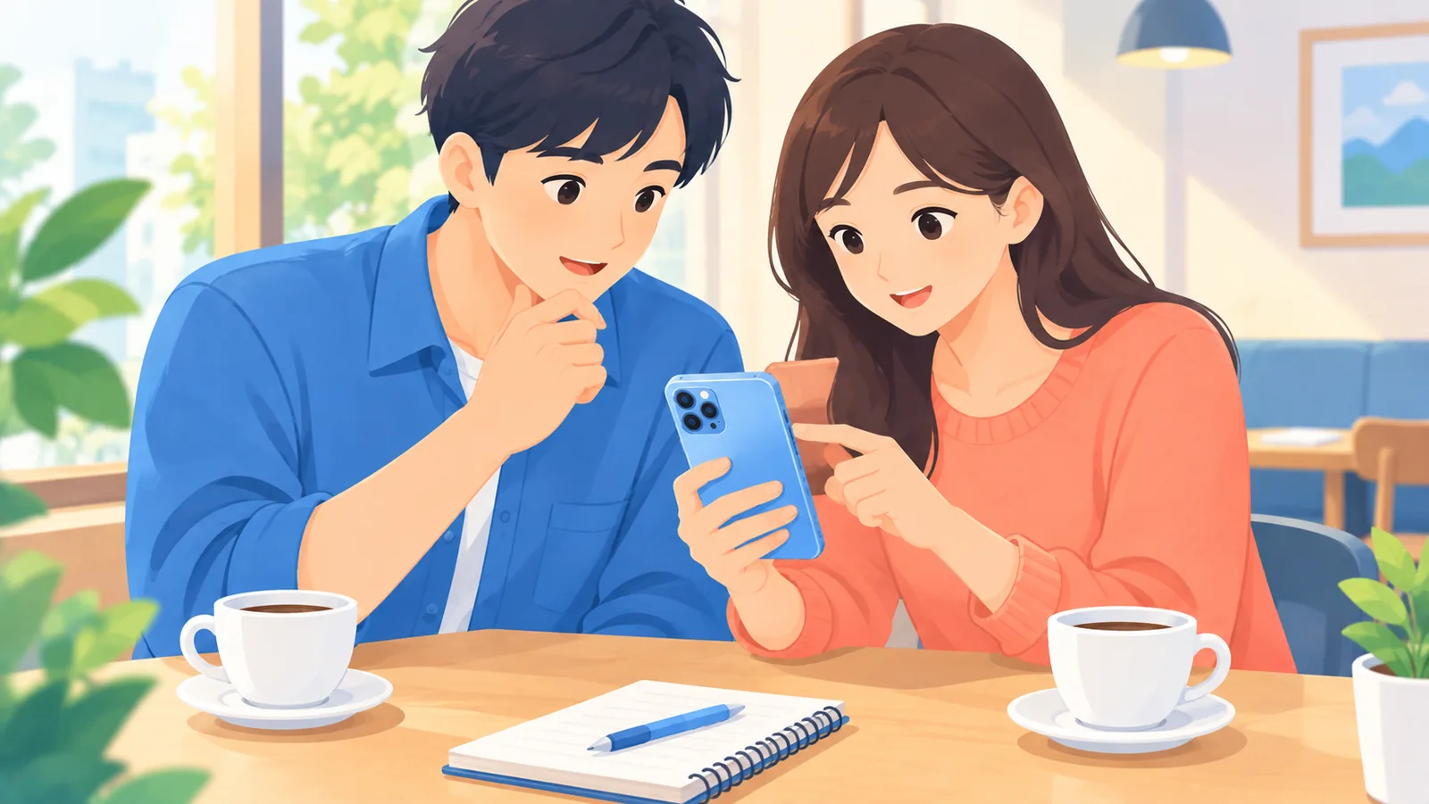 Duas pessoas em uma mesa de café olhando juntas para um celular