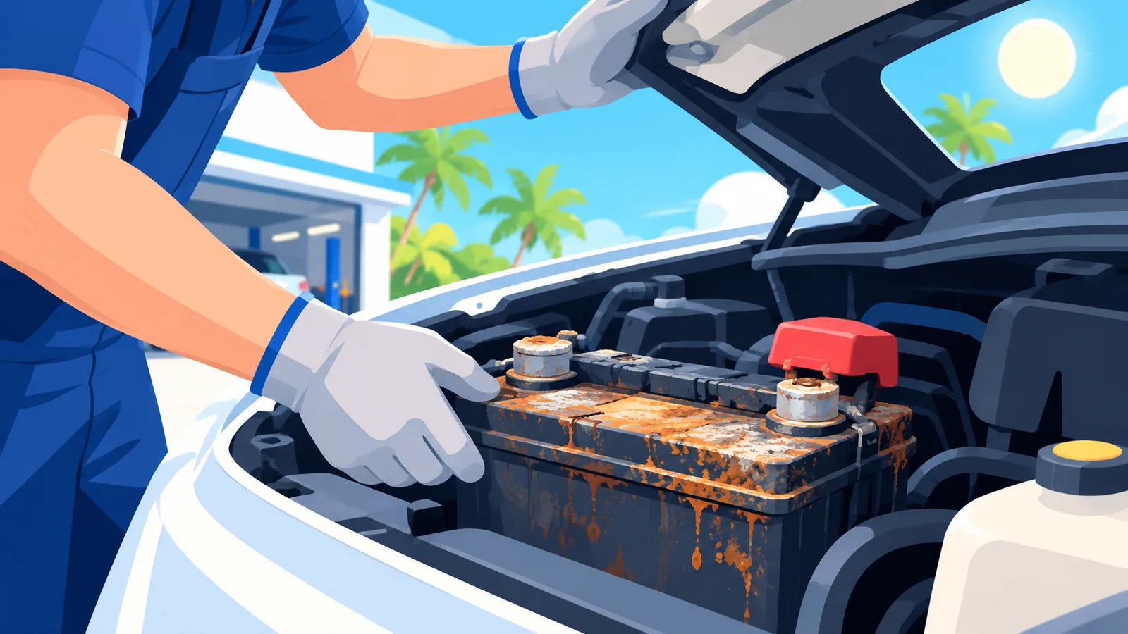 Verificarea bateriei auto sub capota masinii in clima tropicala