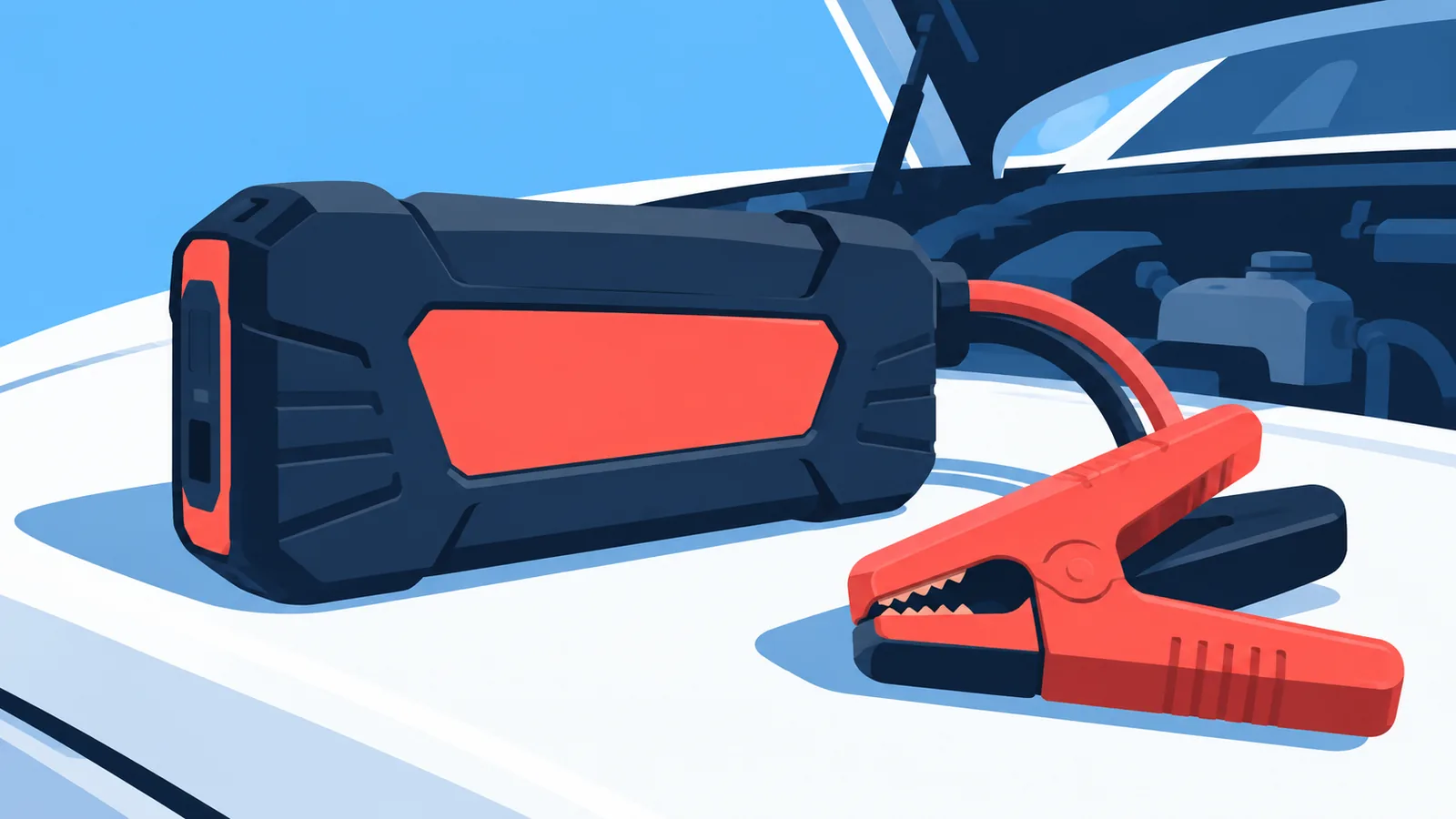 Jump starter portabil lângă motorul unei mașini