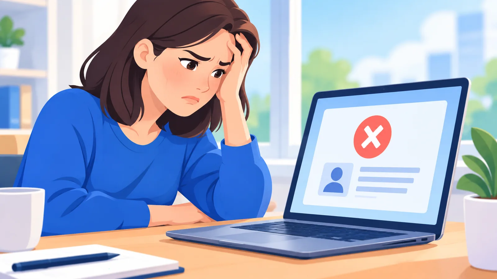 Persoană frustrată analizând respingerea unui CV pe laptop