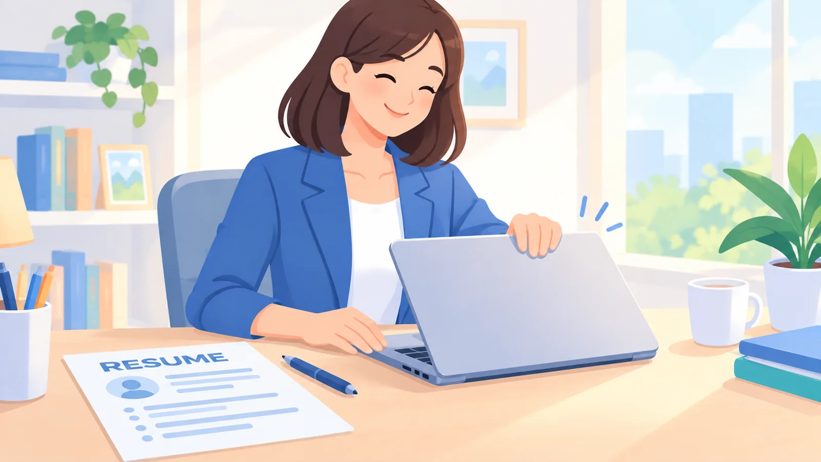 Persoană zâmbind mulțumită după finalizarea unui CV