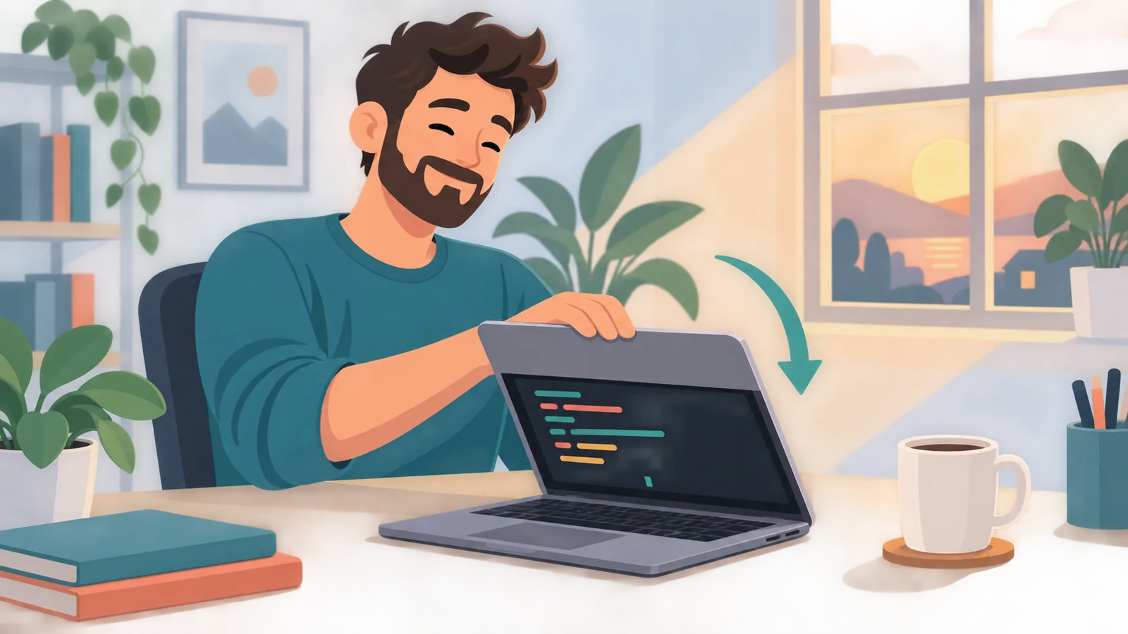 Developer închizând laptopul după finalizarea lucrului