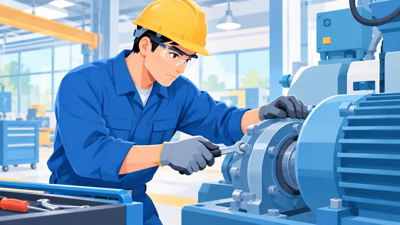 Muncitor tehnic reparând un echipament industrial