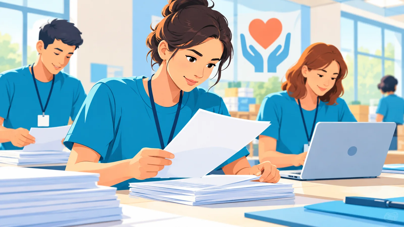 Voluntari care sortează documente și folosesc un laptop într-o sală comunitară