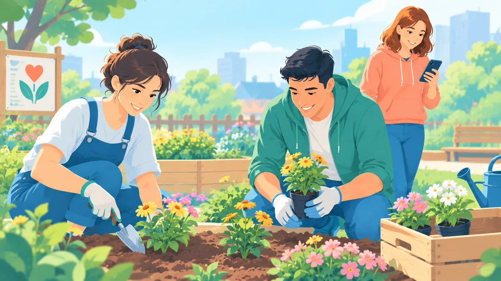 Doi vecini care plantează flori într-o grădină comunitară