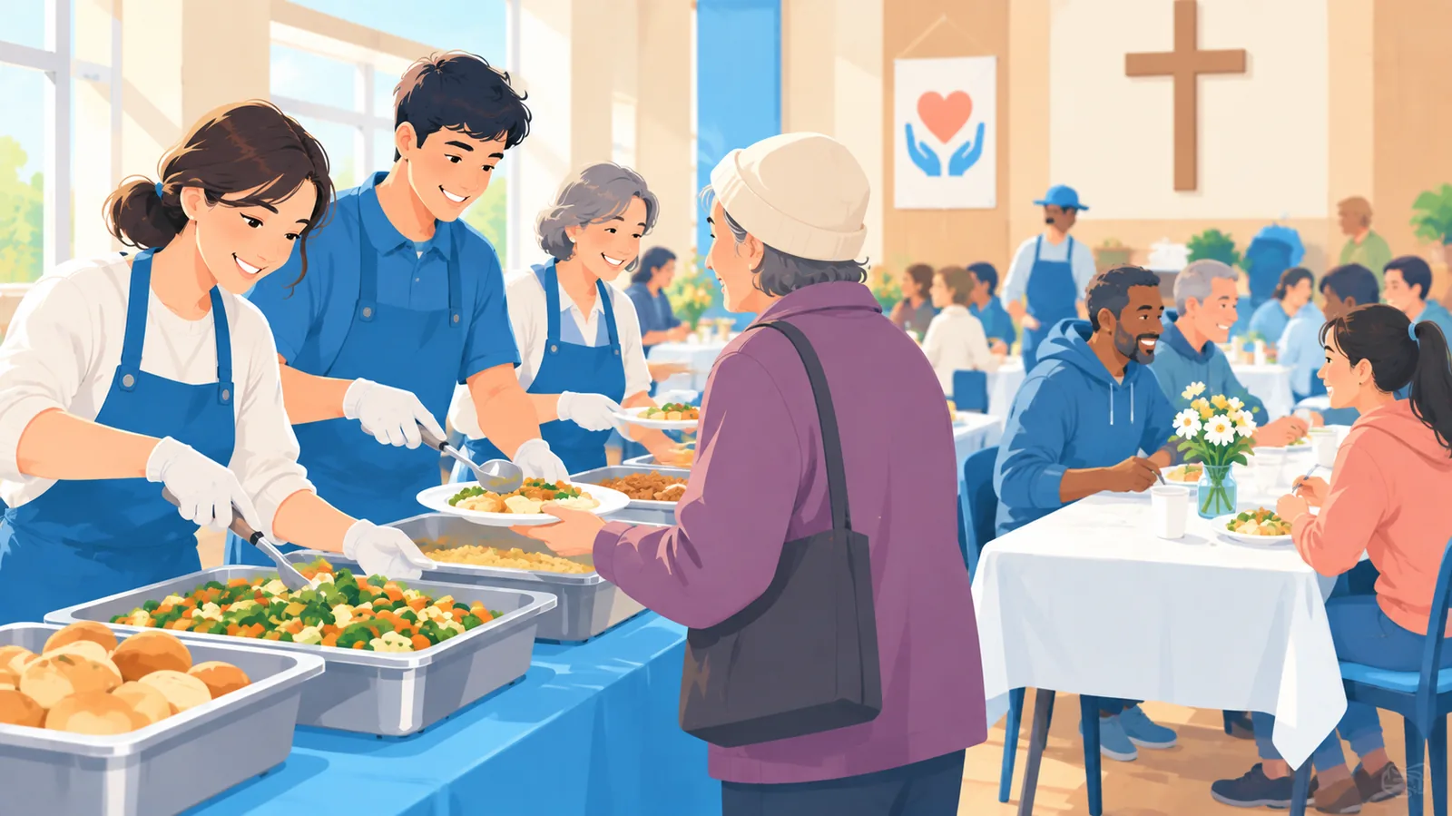 Voluntari care servesc masa la un prânz comunitar