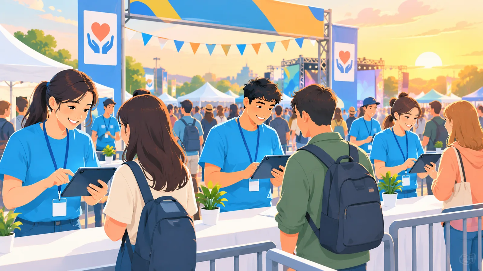 Voluntari în tricouri identice care fac check-in la intrarea unui festival