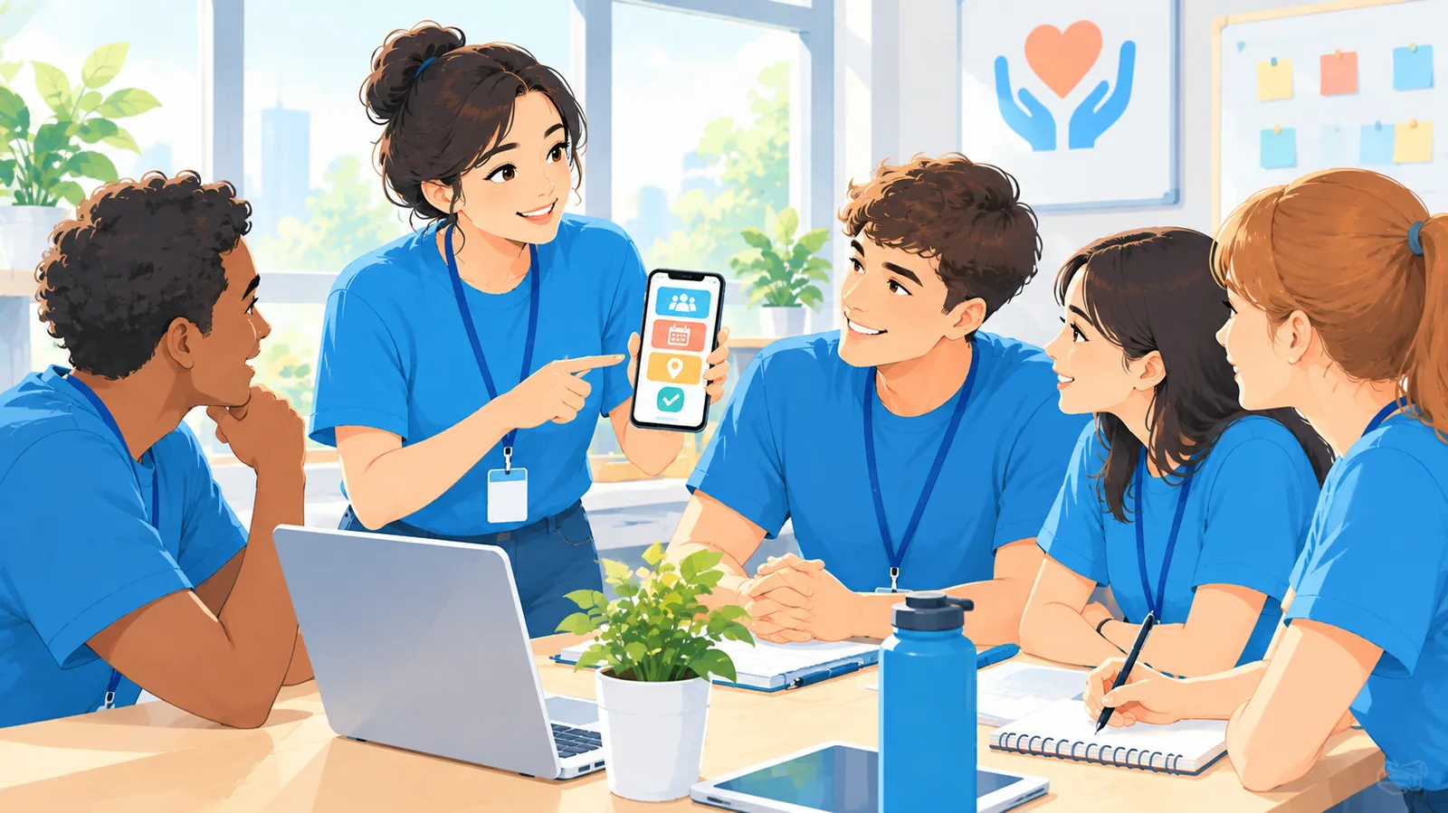 Coordonator care prezintă o aplicație pe telefon unui grup de voluntari