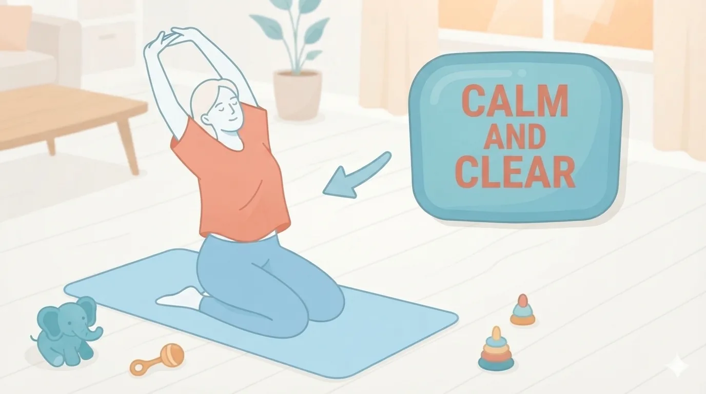 Mamă făcând exerciții ușoare de stretching acasă