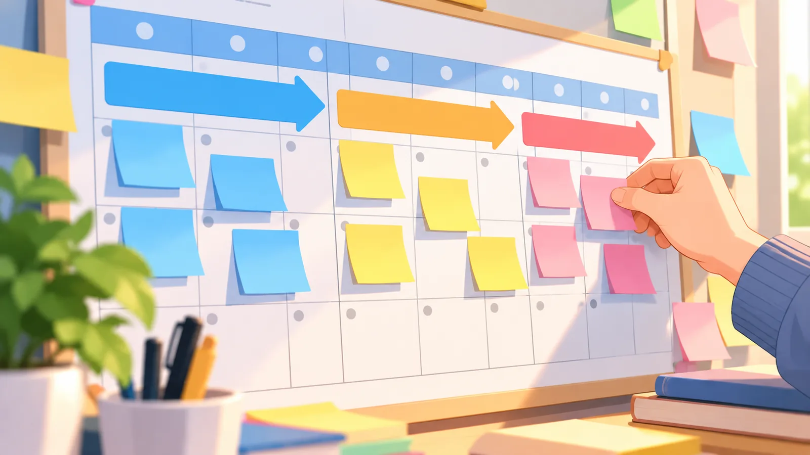 Calendar de perete cu notițe colorate pentru cele trei faze ale pregătirii