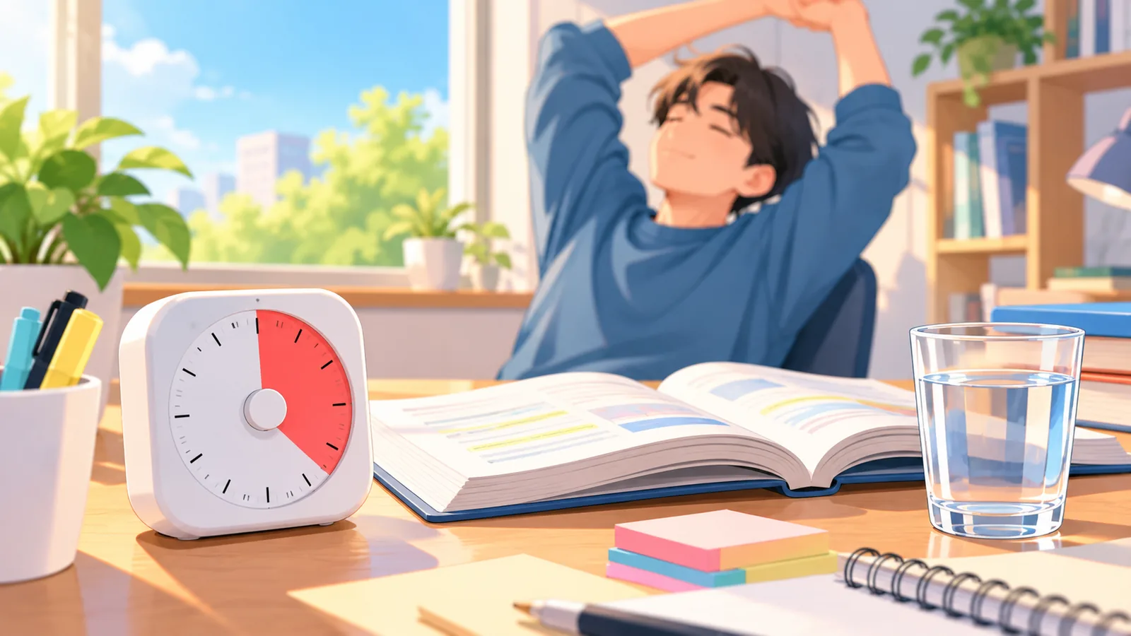 Cronometru de studiu lângă un manual, cu un elev care face o pauză scurtă