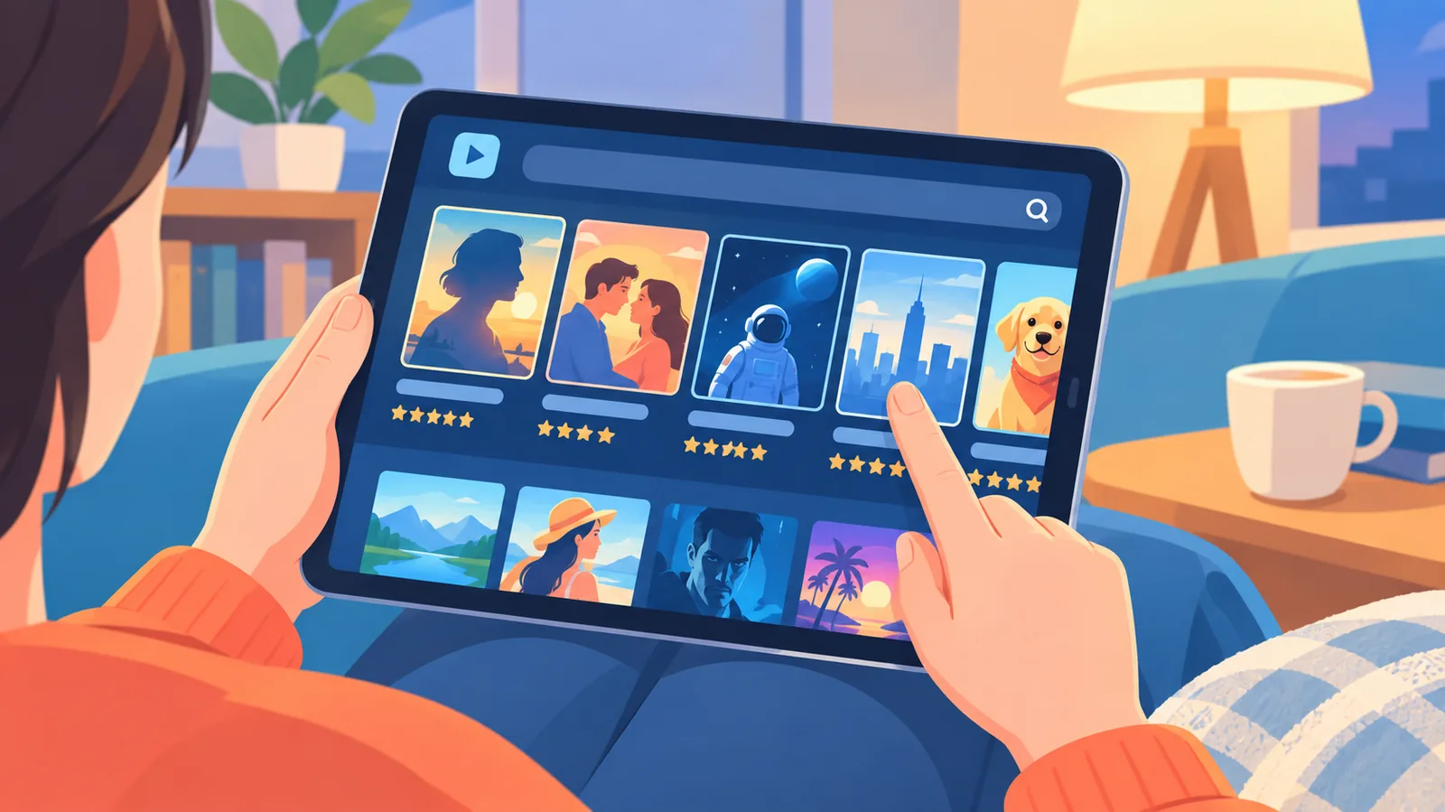 Catalog de streaming derulat pe o tabletă