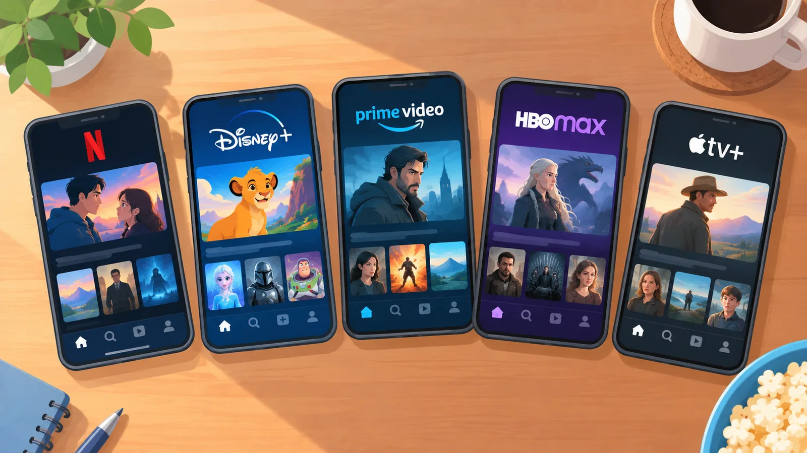 Cinci telefoane cu aplicații diferite de streaming