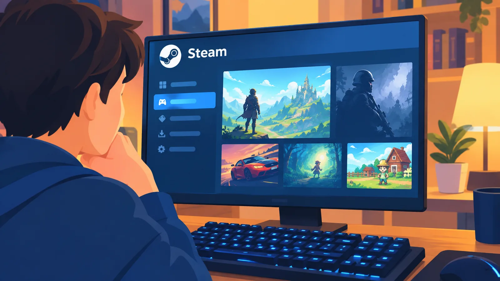 Ecran de calculator afișând biblioteca Steam
