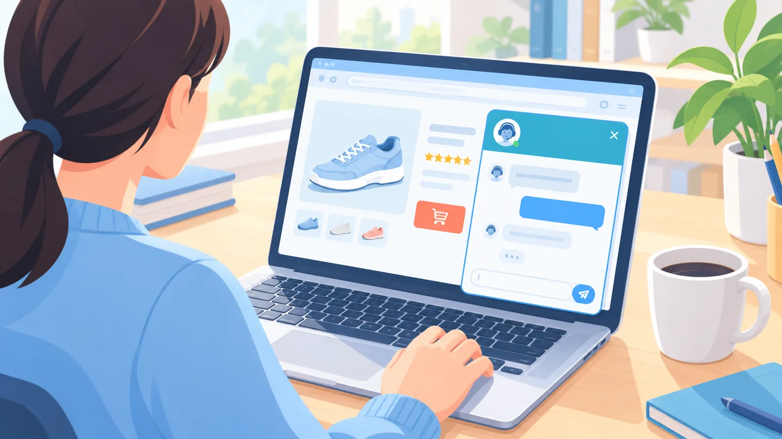 Persoană care deschide o fereastră de chat pe un site de retail