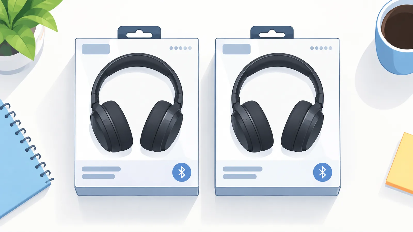 Două cutii identice cu căști wireless comparate una lângă alta