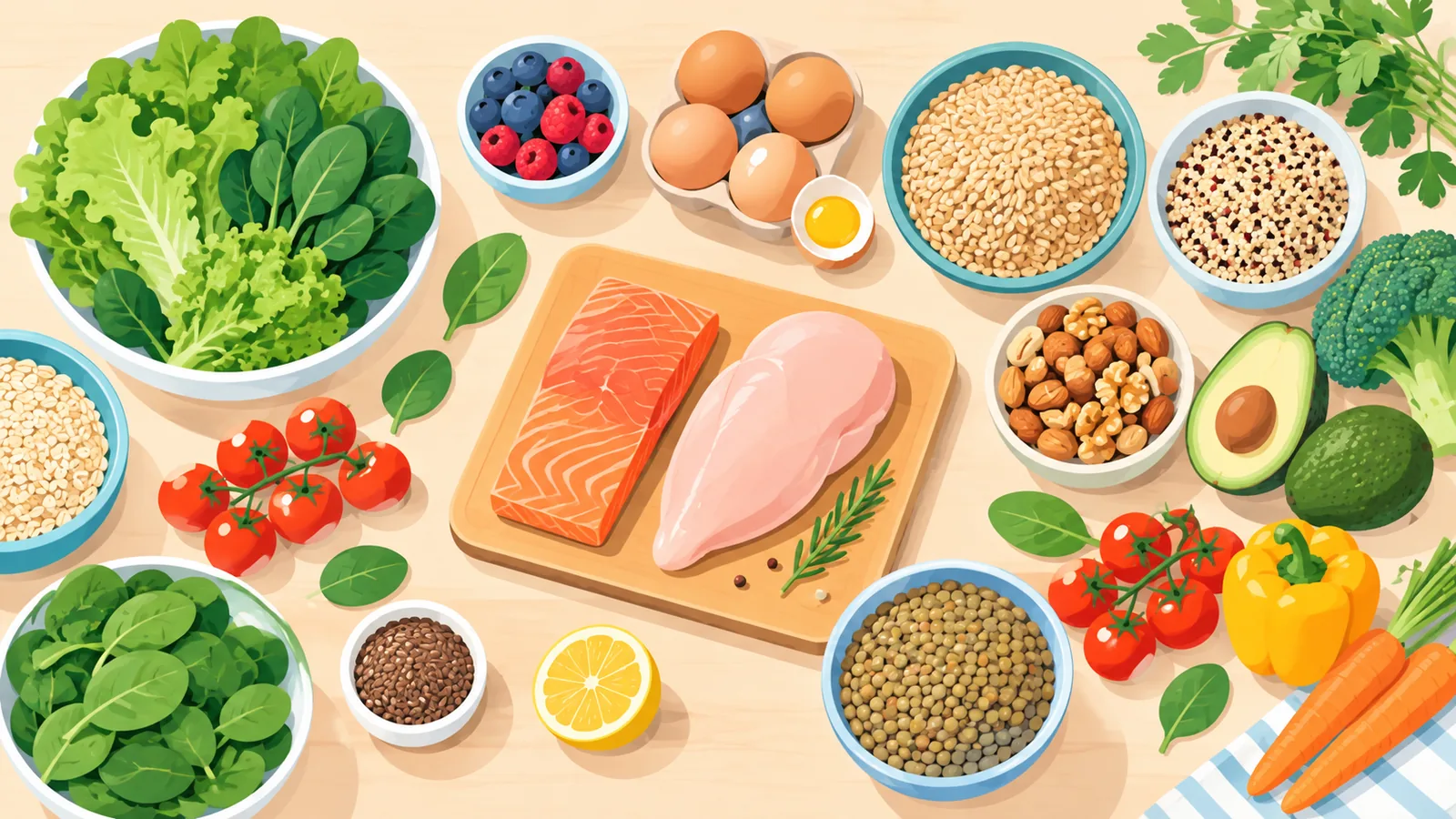 Набор свежих полезных продуктов на столе