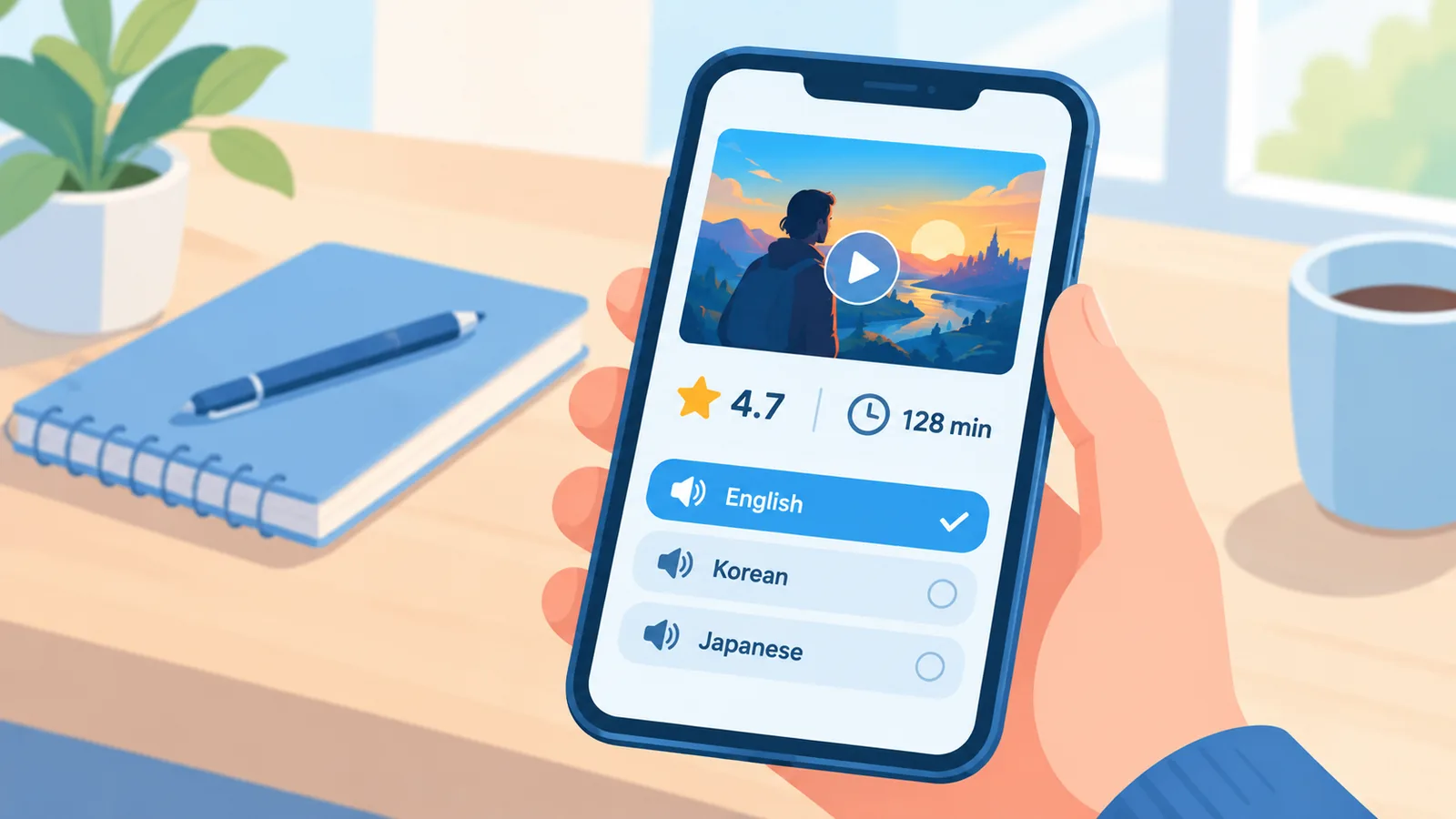 Карточка фильма на экране смартфона с рейтингом и языком звука