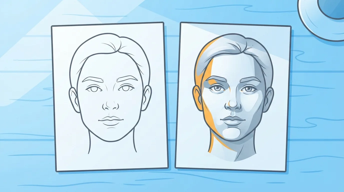 ภาพวาดดินสอของใบหน้าที่แบนเทียบกับใบหน้าที่มีมิติจากแสงเงา
