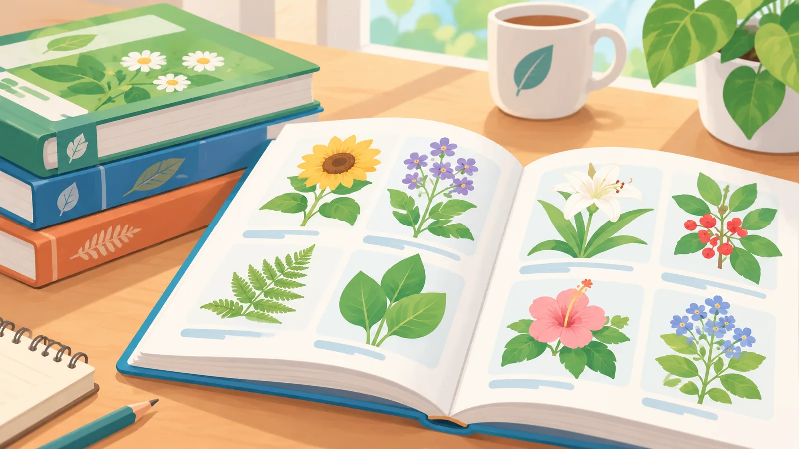 หนังสือคู่มือจำแนกพันธุ์ไม้และสมุดภาพพืชบนโต๊ะ