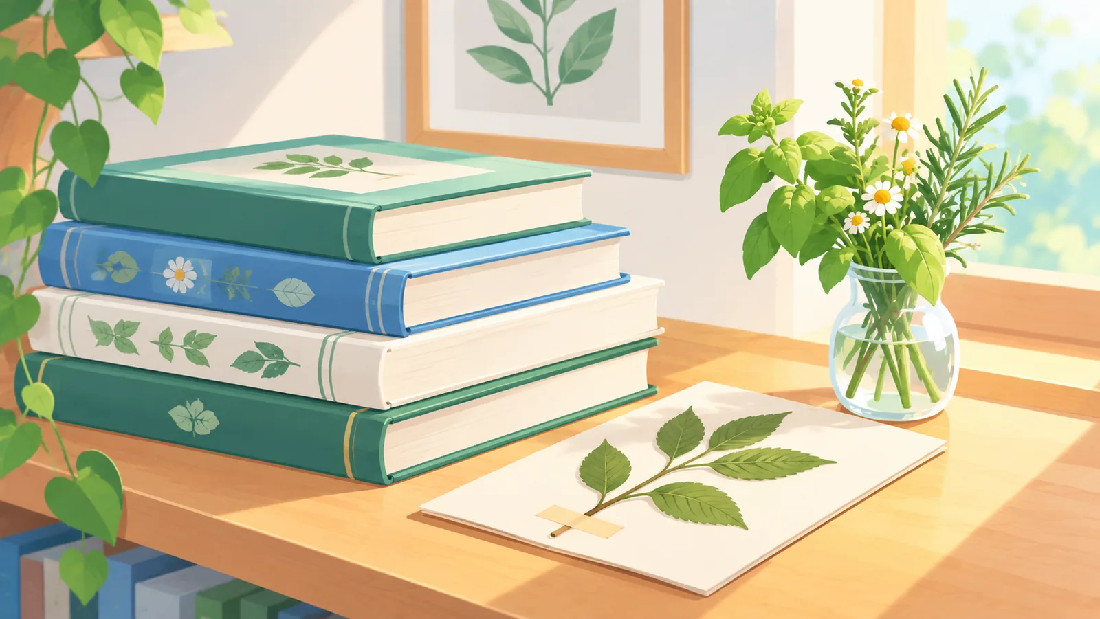 หนังสือตำราพฤกษศาสตร์วางเรียงข้างตัวอย่างใบไม้แห้งและแจกันสมุนไพร