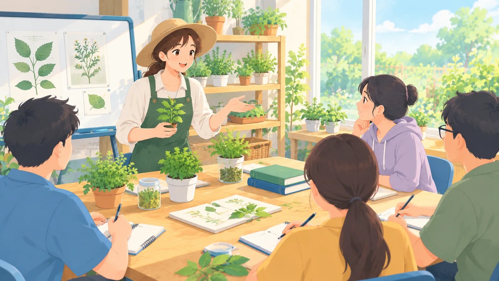 ผู้สอนตอบคำถามผู้เรียนในห้องเรียนสวนสมุนไพร